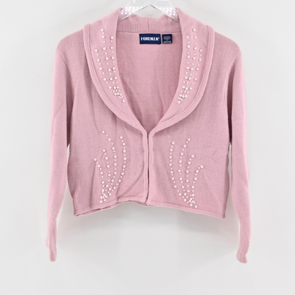Vtg Y2k Forenza Womens Pink Cropped Cardigan‎ Sweater Size L Pearl Beaded Detail